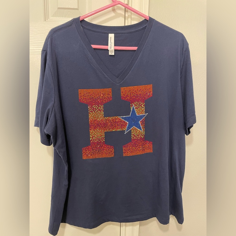 Houston Astros Rhinestone V-neck Tshirt-2XL.
